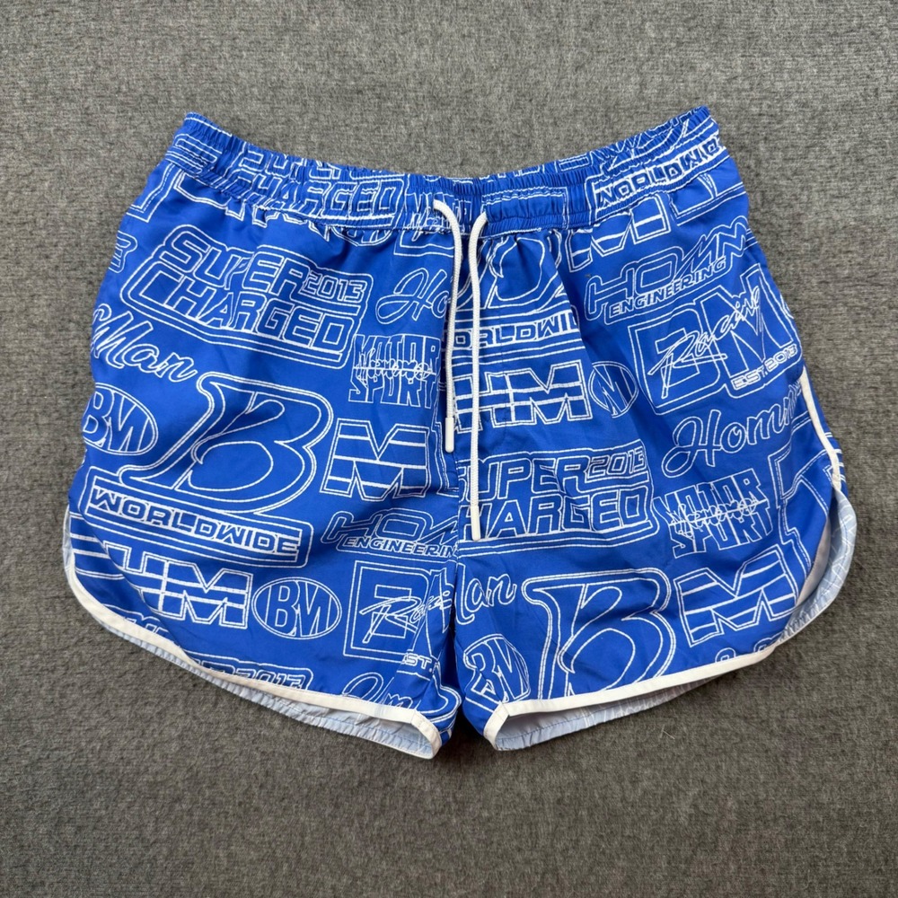 boohooMAN Swim Shorts Men's Large Blue Graphic‎ Print Racing Motor Sport Trunks